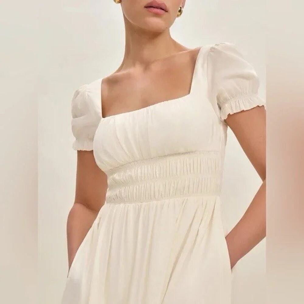 Reformation Miel Dress Ivory Puff Sleeve Smocked Midi Cottagecore Size 2 - Picture 3 of 10